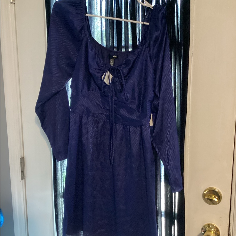 Aqua Navy Tie-Front Long Sleeve Dress